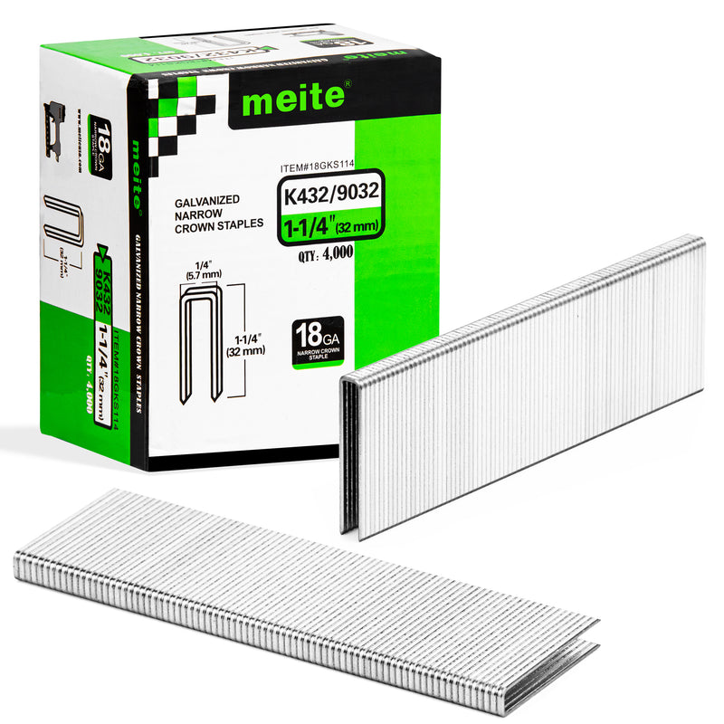 One box of meite USA 18 gauge 1/4" narrow crown 1-1/4'' length staples with 4000 pieces displayed on a white background, shown with two rows of staples in front