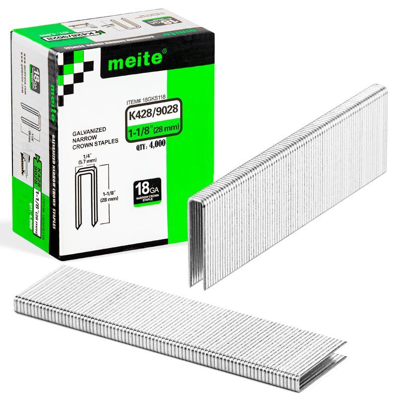 One box of meite USA 18 gauge 1/4" narrow crown 1-1/8'' length staples with 4000 pieces displayed on a white background, shown with two rows of staples in front