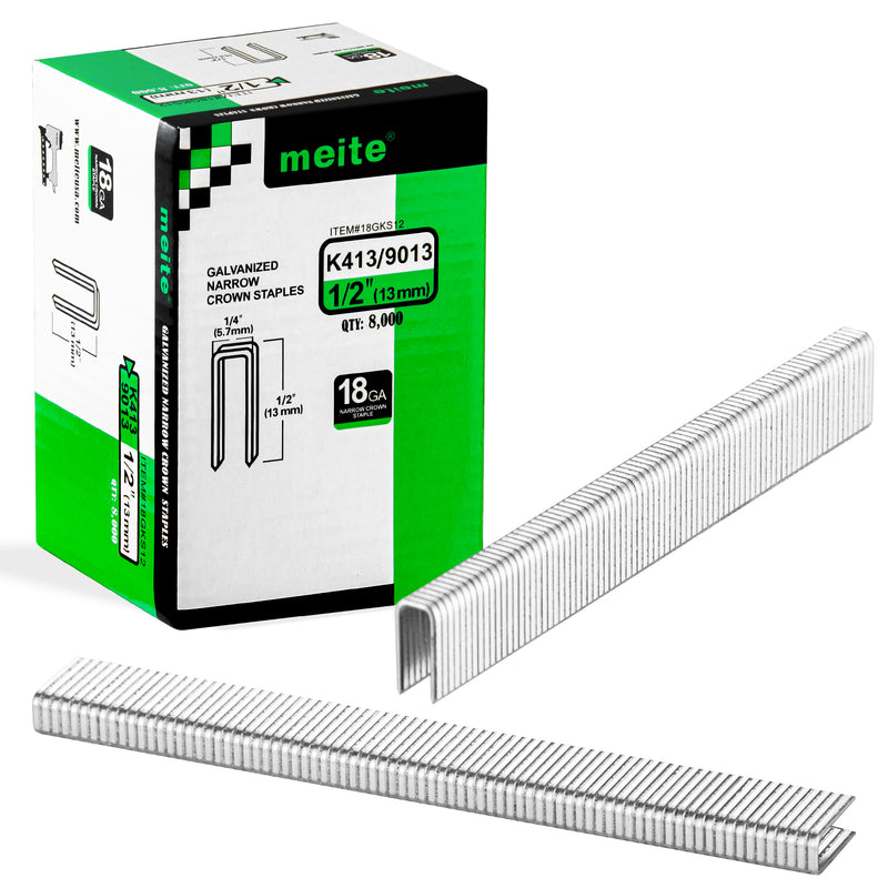 One box of meite USA 18 gauge 1/4" narrow crown 1/2'' length staples with 8000 pieces displayed on a white background, shown with two rows of staples in front