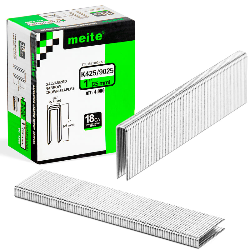 One box of meite USA 18 gauge 1/4" narrow crown 1'' length staples with 4000 pieces displayed on a white background, shown with two rows of staples in front