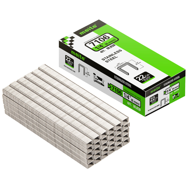Meite USA 22Ga 3/8 inch crown 1/4'' length 304 stainless steel upholstery staples box with 10020 pieces displayed on a white background, shown with two rows of staples in front