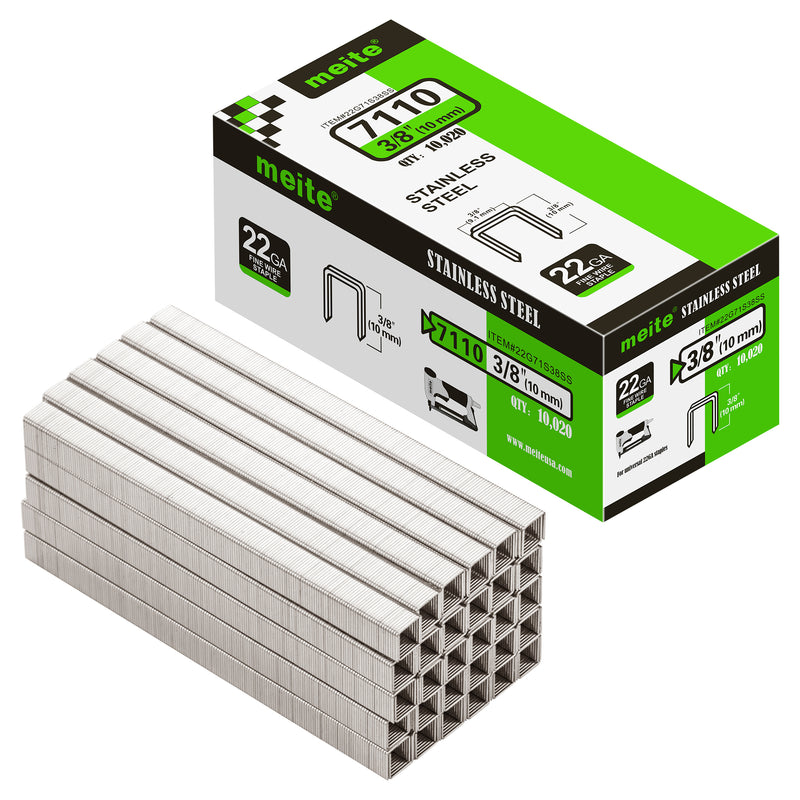 Meite USA 22Ga 3/8 inch crown 3/8'' length 304 stainless steel upholstery staples box with 10020 pieces displayed on a white background, shown with two rows of staples in front