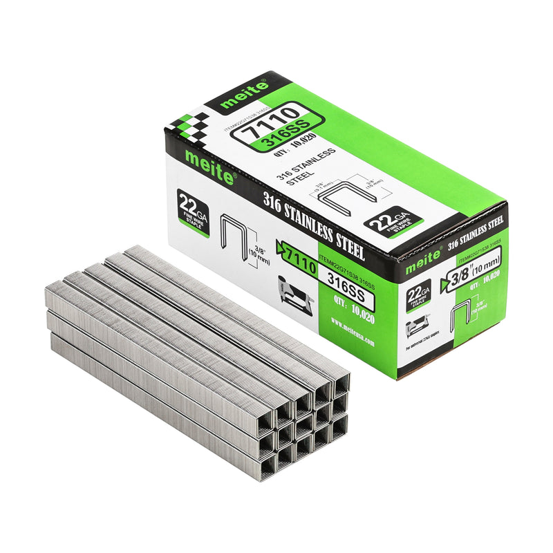 Meite USA 22Ga 3/8 inch crown 3/8'' length 304 stainless steel upholstery staples box with 10020 pieces displayed on a white background, shown with two rows of staples in front
