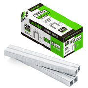 Meite USA 22Ga 3/8 inch crown 3/8'' length upholstery staples box with 10020 pieces displayed on a white background, shown with two rows of galvanized staples in front