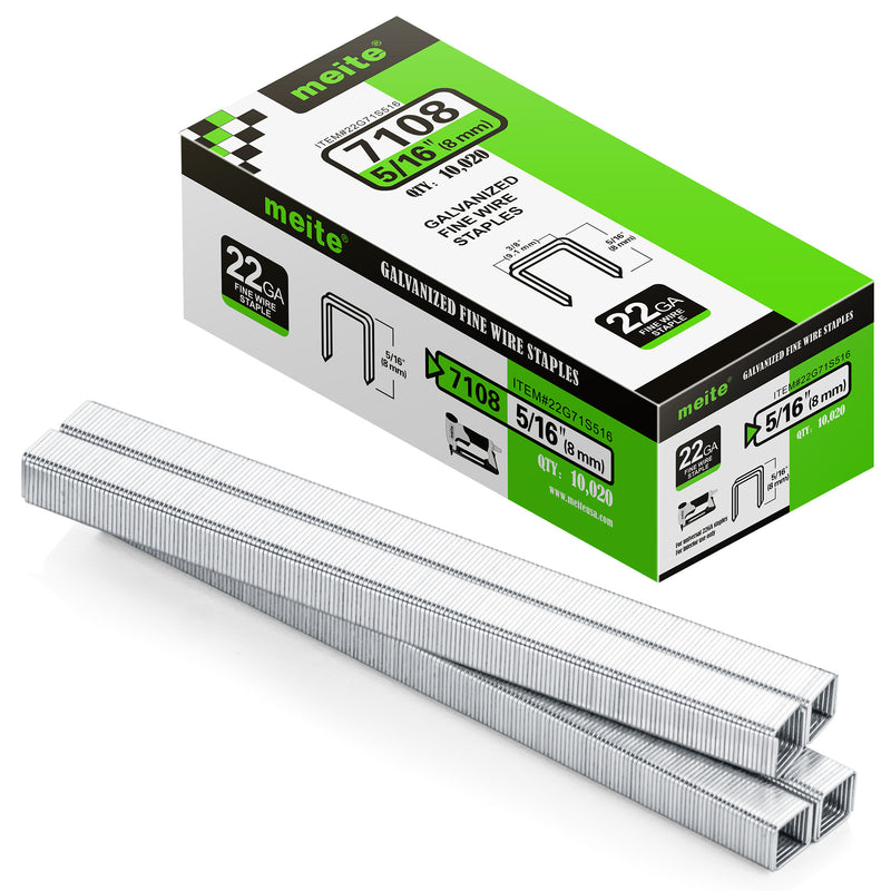 Meite USA 22Ga 3/8 inch crown 5/16'' length upholstery staples box with 10020 pieces displayed on a white background, shown with two rows of galvanized staples in front