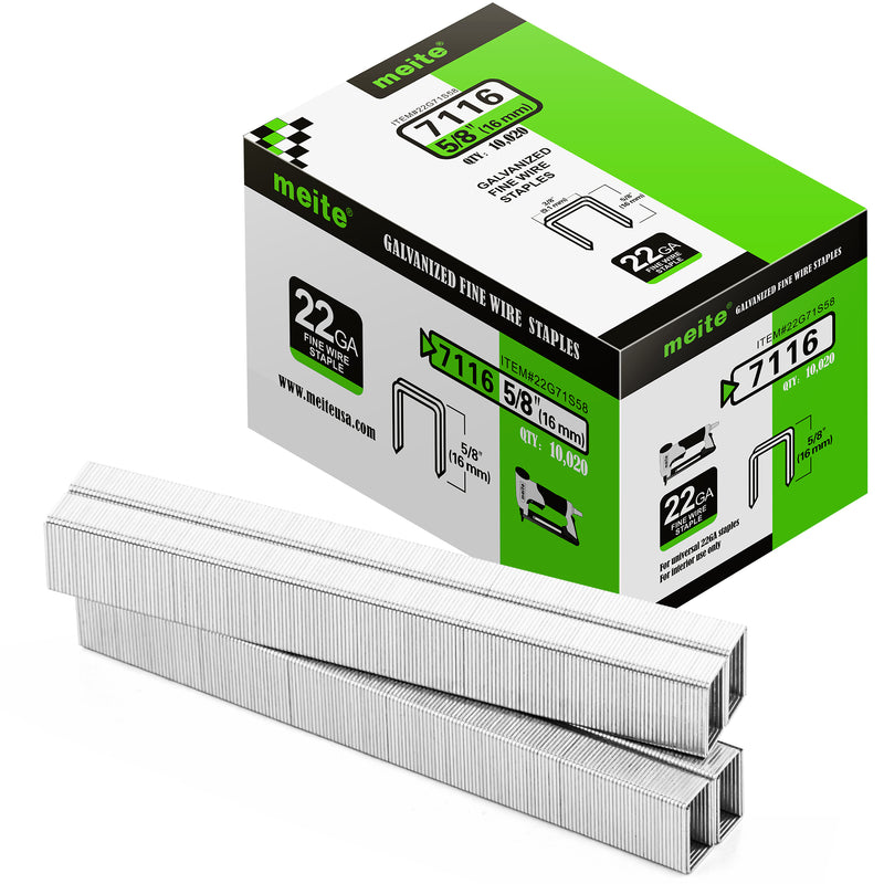 Meite USA 22Ga 3/8 inch crown 5/8'' length upholstery staples box with 10020 pieces displayed on a white background, shown with two rows of galvanized staples in front