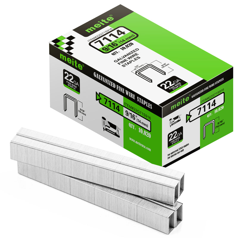 Meite USA 22Ga 3/8 inch crown 9/16'' length upholstery staples box with 10020 pieces displayed on a white background, shown with two rows of galvanized staples in front
