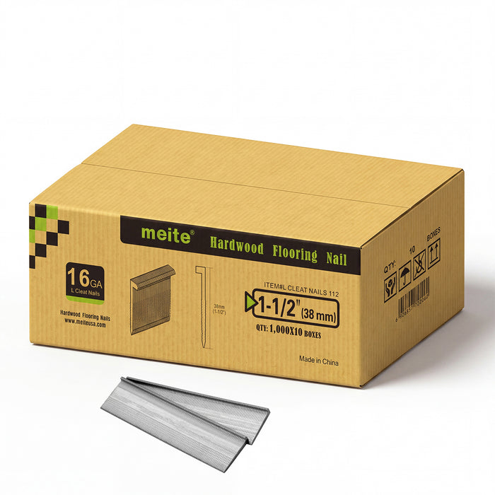 Meite USA 16Ga 1-1/2 inch length L-cleat flooring nails, 10 boxes in one case, 10,000 PCS in total, in white background