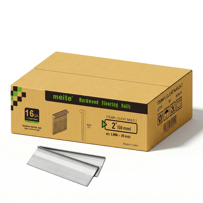 Meite USA 16Ga 2 inch length L-cleat flooring nails, 10 boxes in one case, 10,000 PCS in total, in white background