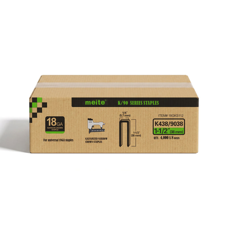 Meite USA case pack containing 10 boxes of meite USA 18 gauge 1/4" narrow crown 1-1/2'' length staples with 4000 pieces per box on a white background