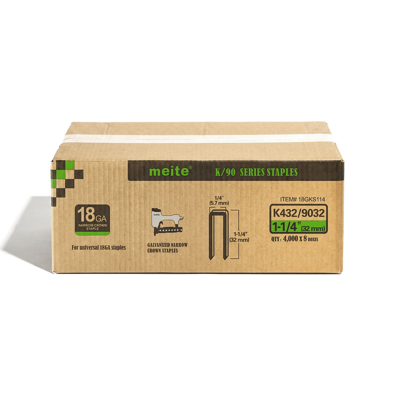 Meite USA case pack containing 10 boxes of meite USA 18 gauge 1/4" narrow crown 1-1/4'' length staples with 4000 pieces per box on a white background
