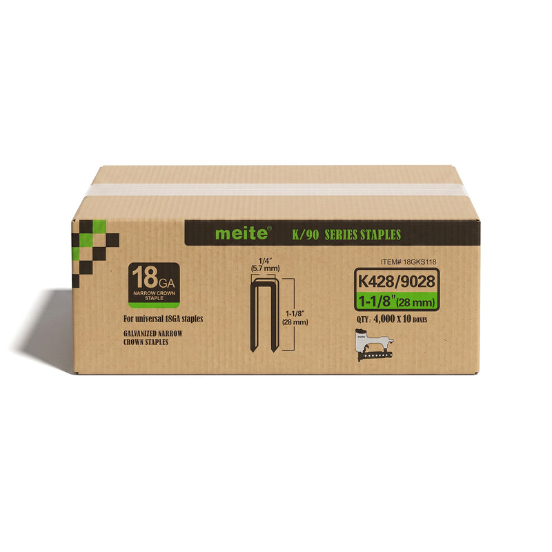 Meite USA case pack containing 10 boxes of meite USA 18 gauge 1/4" narrow crown 1-1/8'' length staples with 4000 pieces per box on a white background