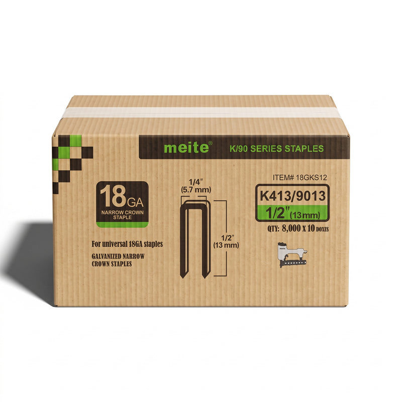 Meite USA case pack containing 10 boxes of meite USA 18 gauge 1/4" narrow crown 1/2'' length staples with 8000 pieces per box on a white background