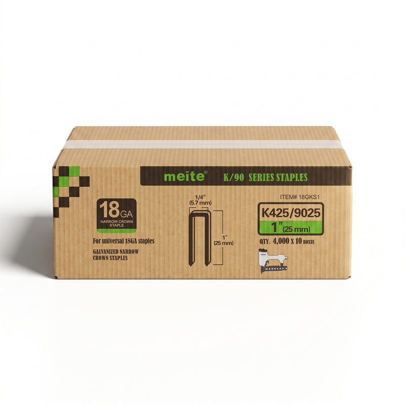 Meite USA case pack containing 10 boxes of meite USA 18 gauge 1/4" narrow crown 1'' length staples with 4000 pieces per box on a white background