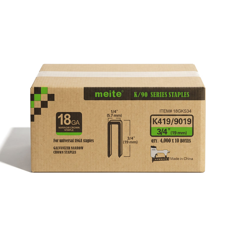 Meite USA case pack containing 10 boxes of meite USA 18 gauge 1/4" narrow crown 3/4'' length staples with 4000 pieces per box on a white background