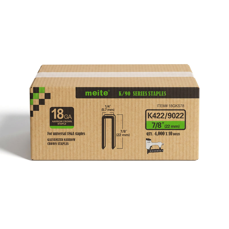 Meite USA case pack containing 10 boxes of meite USA 18 gauge 1/4" narrow crown 7/8'' length staples with 4000 pieces per box on a white background