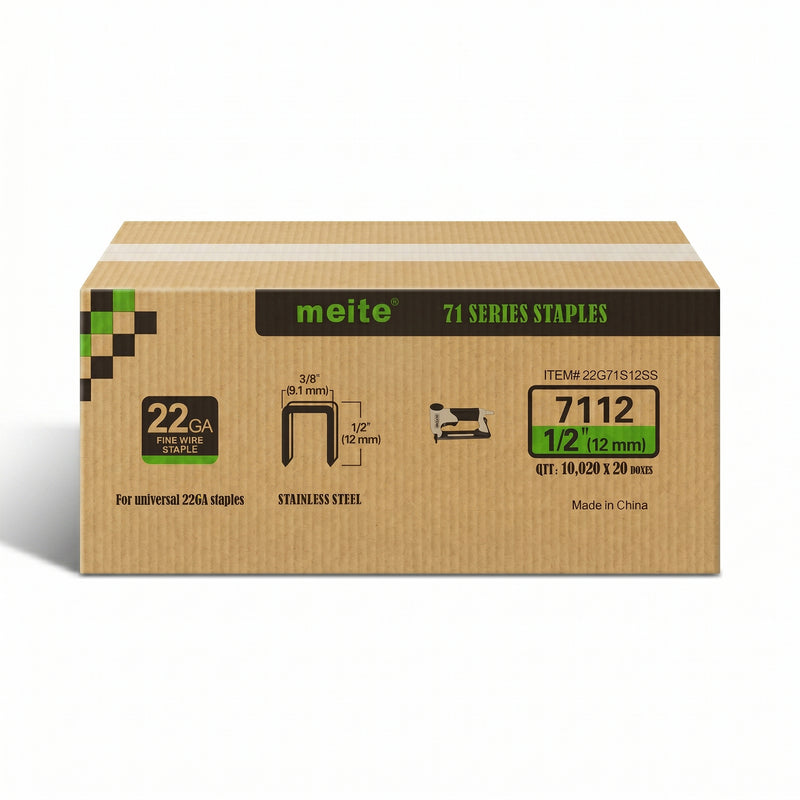 Meite USA case pack containing 20 boxes of 22Ga 3/8-inch crown 1/2'' length 304 stainless steel upholstery staples with 10020 pieces per box on a white background