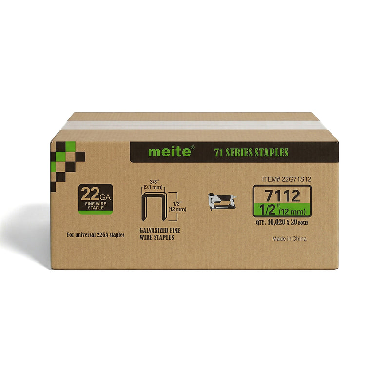 Meite USA case pack containing 20 boxes of 22Ga 3/8-inch crown 1/2'' length upholstery staples with 10020 pieces per box on a white background