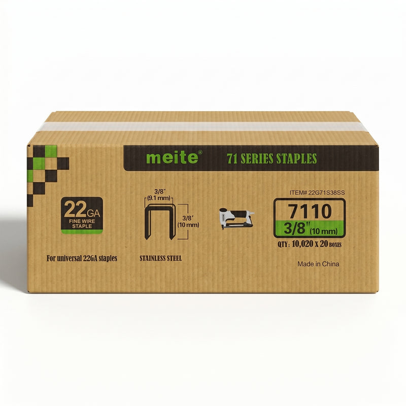Meite USA case pack containing 20 boxes of 22Ga 3/8-inch crown 3/8'' length 304 stainless steel upholstery staples with 10020 pieces per box on a white background