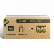 Meite USA case pack containing 20 boxes of 22Ga 3/8-inch crown 3/8'' length 316 stainless steel upholstery staples with 10020 pieces per box on a white background