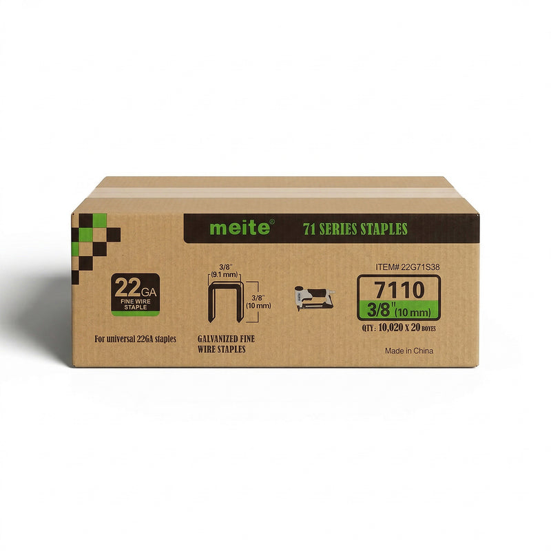 Meite USA case pack containing 20 boxes of 22Ga 3/8-inch crown 3/8'' length upholstery staples with 10020 pieces per box on a white background