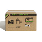 Meite USA case pack containing 20 boxes of 22Ga 3/8-inch crown 5/8'' length upholstery staples with 10020 pieces per box on a white background