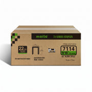 Meite USA case pack containing 20 boxes of 22Ga 3/8-inch crown 9/16'' length upholstery staples with 10020 pieces per box on a white background