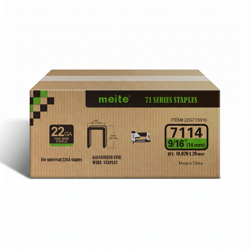 Meite USA case pack containing 20 boxes of 22Ga 3/8-inch crown 9/16'' length upholstery staples with 10020 pieces per box on a white background