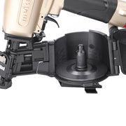 Close-up of the opening magazine of meite USA CN45R Pneumatic Coil Roofing Nailer loading in white background, shown the nailing length
