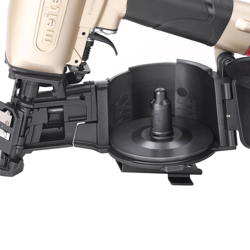 Close-up of the opening magazine of meite USA CN45R Pneumatic Coil Roofing Nailer loading in white background, shown the nailing length