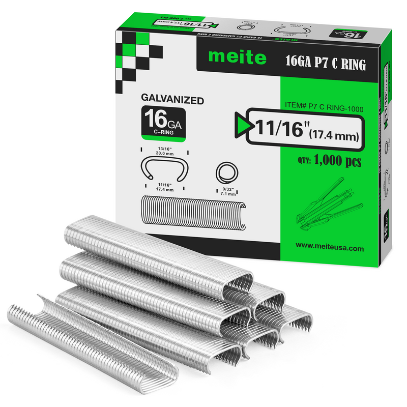 Meite USA P7 hog rings packaging box with 1000 pieces shown on a white background, displayed with a small pile of galvanized P7 rings in front
