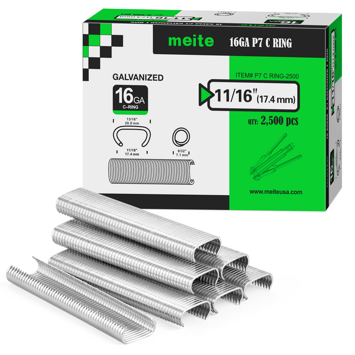 Meite USA P7 hog rings packaging box with 2500 pieces shown on a white background, displayed with a small pile of galvanized P7 rings in front