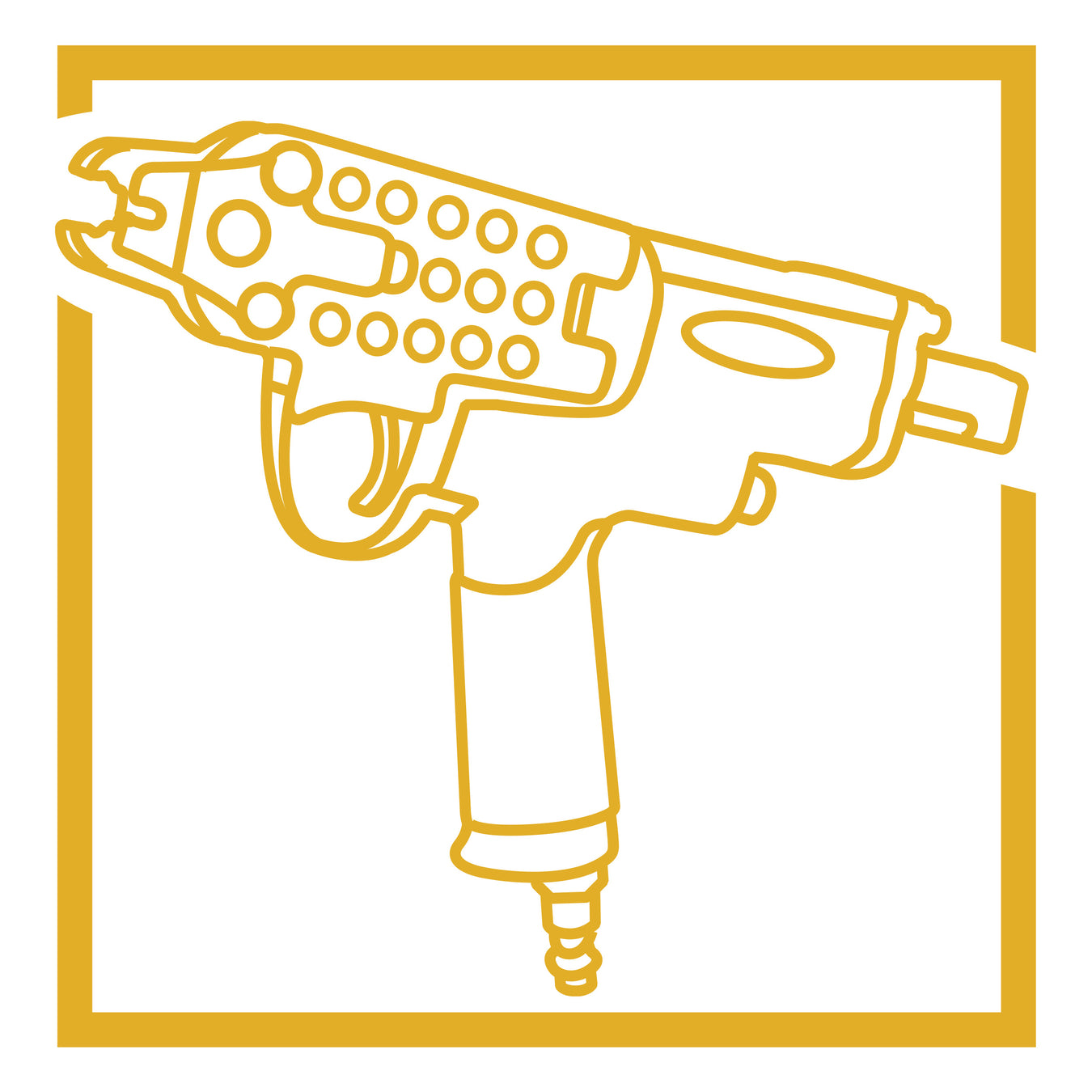 Yellow sketch illustration of a hog ring gun on white background for Meite USA series page
