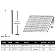 Size specification chart for meite USA 16Ga 20 Degree FN Angled Finish Nails