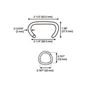 Sketch size information Meite USA 14 gauge 2-1/4" crown hog rings, 20mm closure diameter, 2-1/4 inch inter crown, and 2-1/2 inch outer crown 