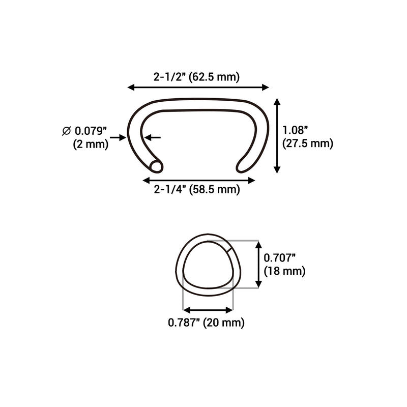 Sketch size information Meite USA 14 gauge 2-1/4" crown hog rings, 20mm closure diameter, 2-1/4 inch inter crown, and 2-1/2 inch outer crown 
