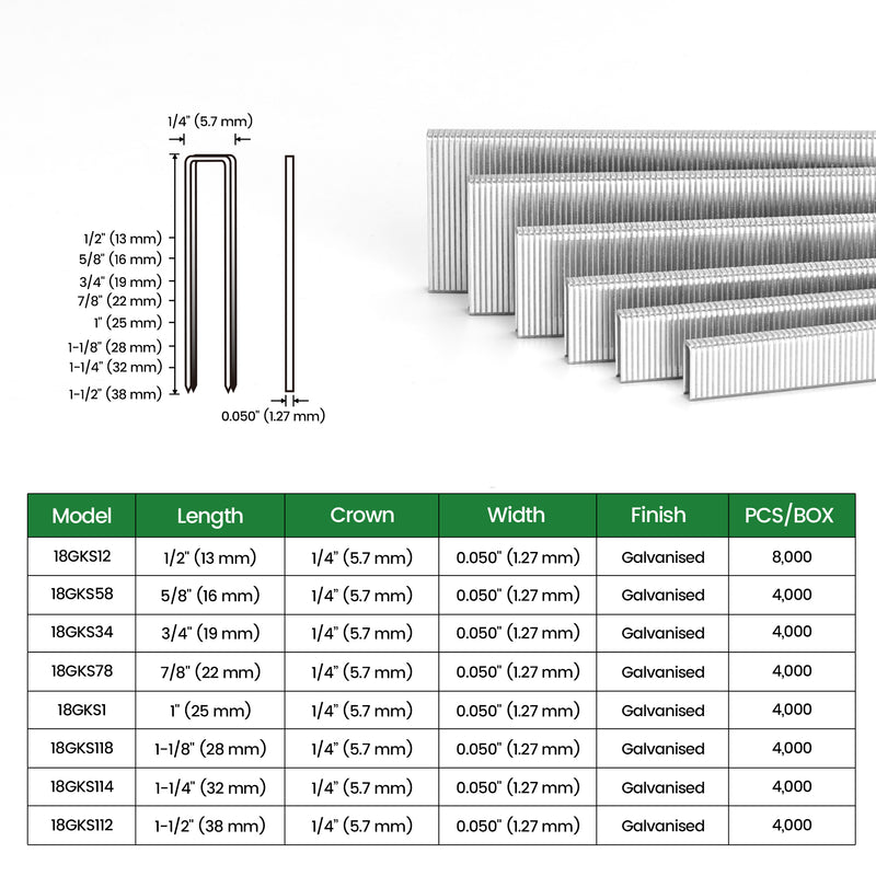 Size information of meite USA 18 gauge 1/4" narrow crown staples 