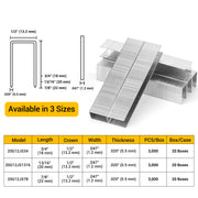 Size information of Meite USA 20 Gauge 1/2'' crown 12J Series galvanized upholstery staples