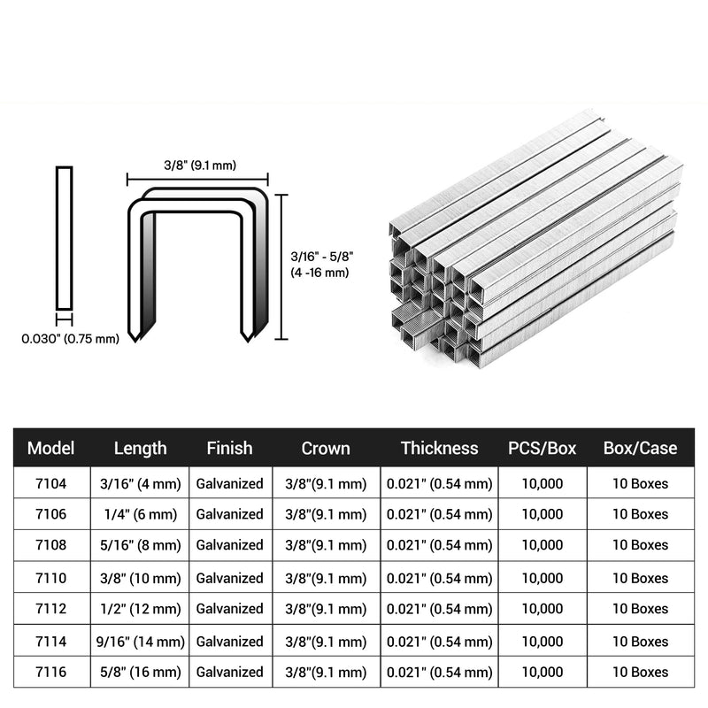Size information of Meite USA 22 Gauge 3/8'' crown galvanized upholstery staples