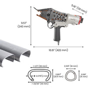 Length, width, height, and compatible hog rings of Meite USA MTC560 14Ga 1-1/2" Crown Pneumatic Hog Ringer in white background