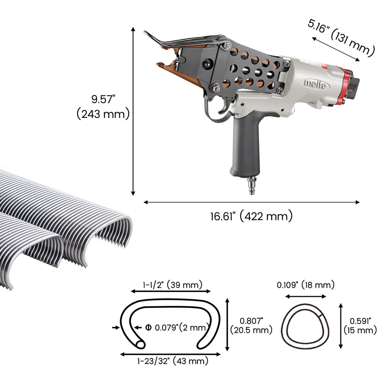 Length, width, height, and compatible hog rings of Meite USA MTC560 14Ga 1-1/2" Crown Pneumatic Hog Ringer in white background
