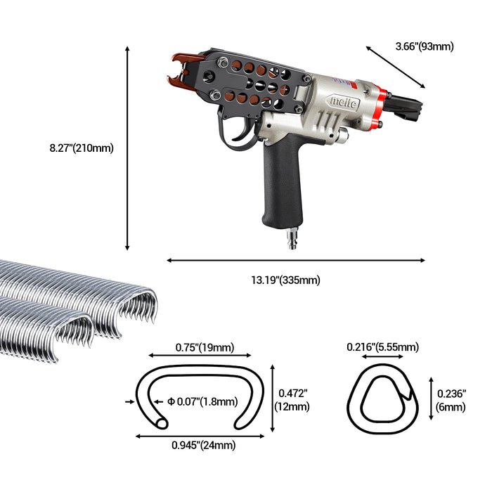 Length, width, height, and compatible hog rings of Meite USA SC7C-I2 15Ga 3/4" Crown Pneumatic Hog Ring Tool
