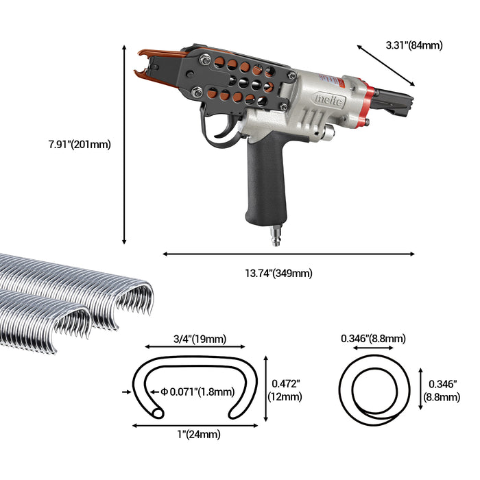 Length, width, height, and compatible hog rings of Meite USA SC7E-I2 15Ga 3/4" Crown Pneumatic Hog Ring Tool