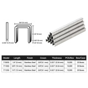 Size information of meite USA 22 gauge 3/8" crown 304 stainless steel upholstery staples