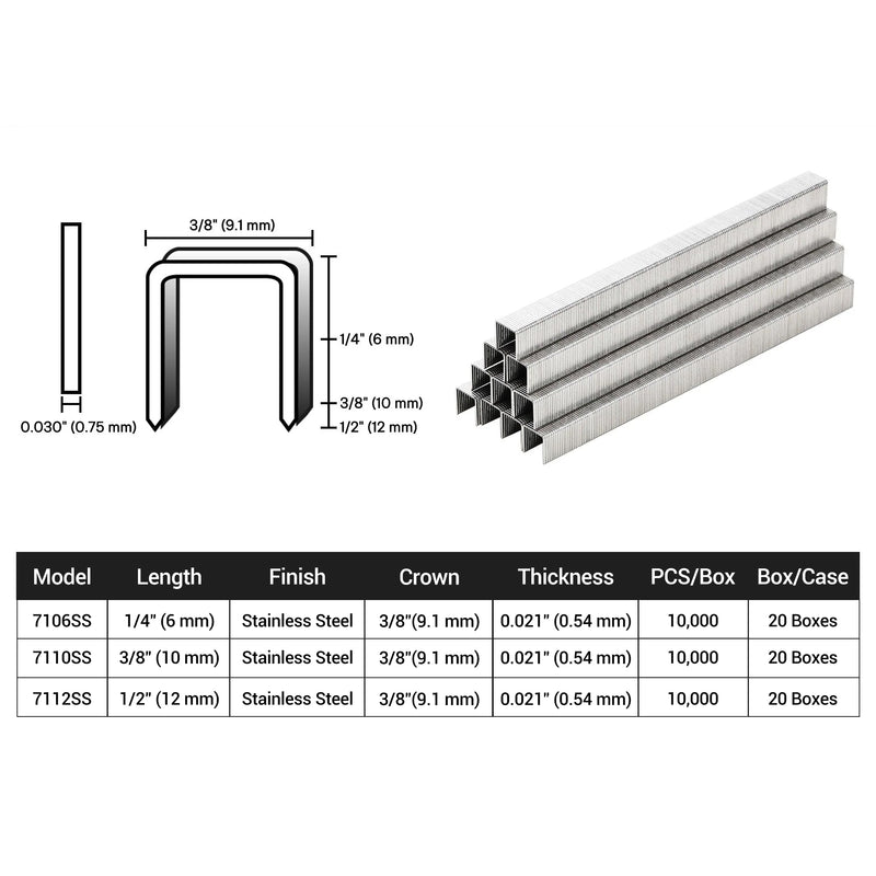 Size information of meite USA 22 gauge 3/8" crown 304 stainless steel upholstery staples