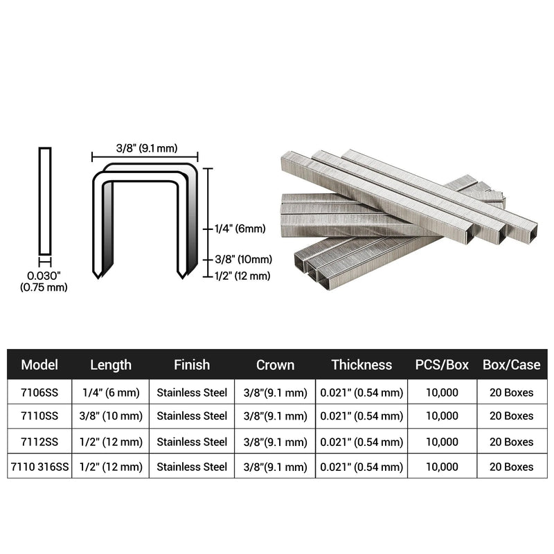 Size information of meite USA 22 gauge 3/8" crown 316 stainless steel upholstery staples
