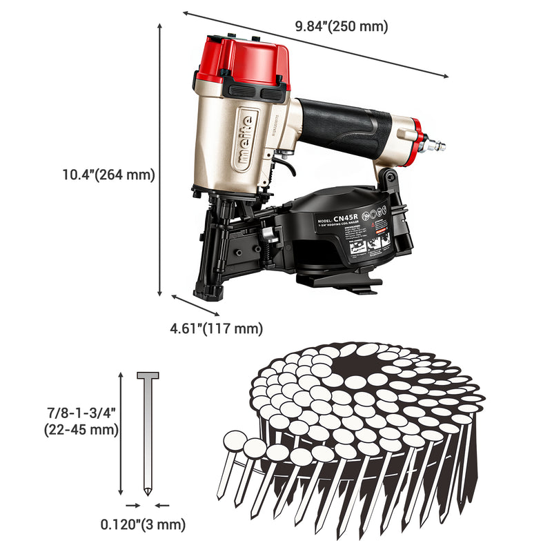 Length, width, height, and compatible hog roofing nails of meite USA CN45R Pneumatic Coil Roofing Nailer in white background