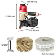Length, width, height, and compatible coil wire nails and coil plastic collected nails of meite USA CN65S Coil Siding Nailer in white background