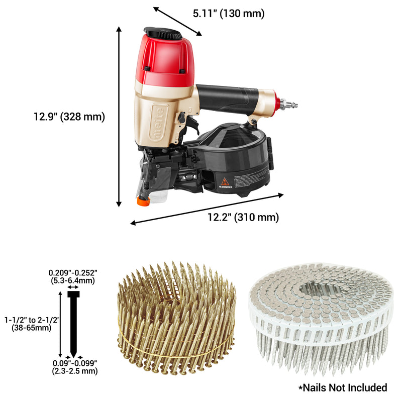 Length, width, height, and compatible coil wire nails and coil plastic collected nails of meite USA CN65S Coil Siding Nailer in white background