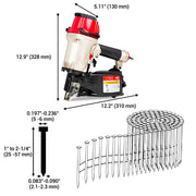 Length, width, height, and compatible coil nails of meite USA CN65 2-1/2'' Pneumatic Coil Siding Nailer in white background